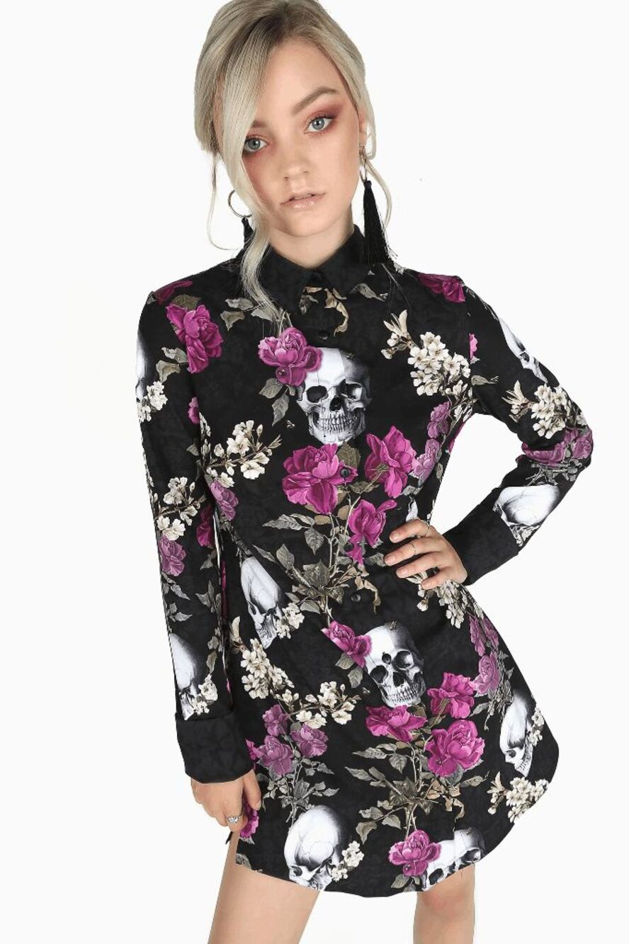 BlackMilk Black Purple Skull Bouquet Long Sleeve Shirt Dress Women's Size Large